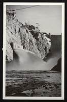 Postcard showing water discharging from jet flow gates, Hoover Dam, circa 1935-1936