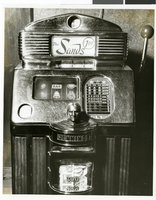 Photograph of a slot machine in the Sands Hotel casino, Las Vegas, circa late 1950s