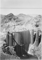 Photograph of upstream face and intake towers, Hoover Dam, circa 1934-1935