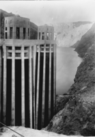 Photograph of intake towers, Hoover Dam, circa 1934-1935