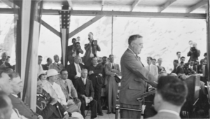 Film transparency of Franklin D. Roosevelt giving a speech at Hoover Dam, September 30, 1935