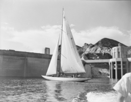 Film transparency of a sailboat near Hoover Dam, circa late 1930s-1950s