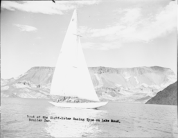 Film transparency of a sailboat near Fortification Hill, Lake Mead, circa 1936-1947