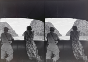 Film transparency of a couple on a boat in the Boulder Canyon area, Lake Mead, circa 1930s-1950s
