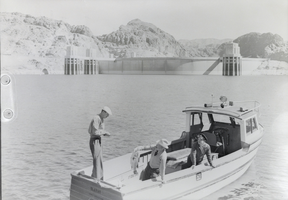 Film transparency of a boat near Hoover Dam, circa late 1930s-1950s