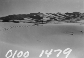 Film transparency of a man walking through desert sand dunes, Death Valley, California, circa mid 1900s