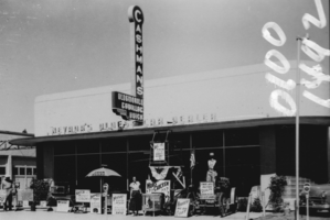 Film transparency of James Cashman's car dealership, Nevada, circa 1950s