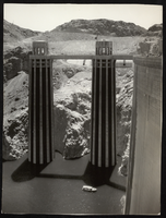 Photograph of intake towers at Hoover Dam, July 26, 1935