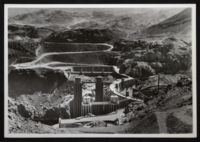 Photograph of completed intake towers at Hoover Dam, circa 1935