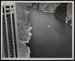 Photograph of intake tower and lake at Hoover Dam, circa 1935