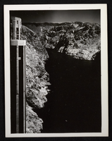Photograph of intake tower and reservoir at Hoover Dam, circa 1935