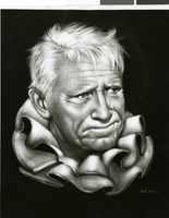 Photograph of a painting of Spencer Tracy wearing a ruff by Joy Caros, May 1963