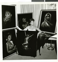 Photograph of artist Joy Caros with several of her paintings, May 1963