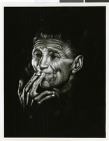 Photograph of a painting of an eldery man smoking a cigarette by Joy Caros, May 1963