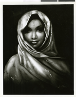 Photograph of a painting of a woman wearing a shawl over her head by Joy Caros, May 1963