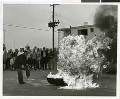 Photograph of a fire prevention demonstration outside of the Sands Hotel, Las Vegas, October 3, 1968