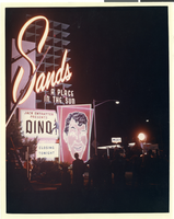 Photograph of the Sands Hotel marquee set up for the film, Kiss Me, Stupid, Las Vegas, July 1964