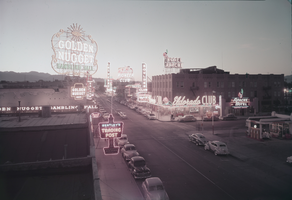 Film transparency of Fremont Street at dusk, Las Vegas, circa late 1940s to 1950s