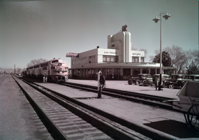 Film transparency showing a railroad depot in Las Vegas, circa 1930s-1940s