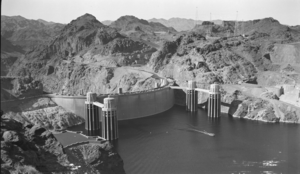 Film transparency showing intake towers at Hoover Dam, circa late 1930s-1950s