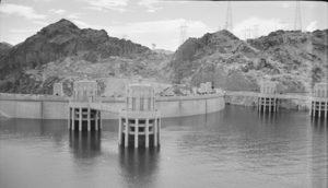 Film transparency showing intake towers at Hoover Dam, circa late 1930s