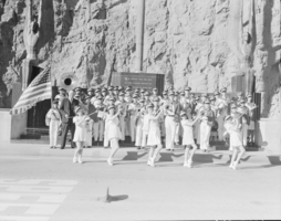 Film transparency showing a marching band at the Hoover Dam Dedication, September 30, 1935