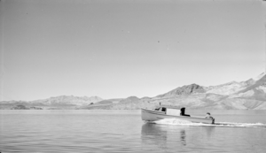 Film transparency showing a boat on Lake Mead, circa 1935-1945