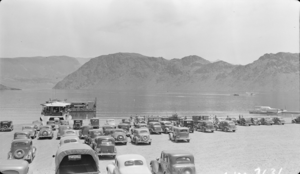 Film transparency of cars parked near Hemenway Harbor, Lake Mead, circa 1931-1936