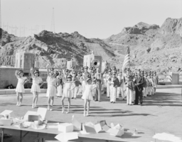 Film transparency showing a marching band at Hoover Dam, circa mid 1930s