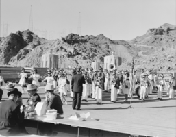 Film transparency showing a marching band at Hoover Dam, circa mid 1930s