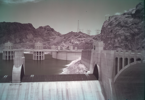 Film transparency showing spillways and intake towers at Hoover Dam, circa 1940s-1950s