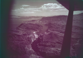 Film transparency showing an aerial view of Hoover Dam, circa mid 1950s
