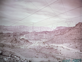 Film transparency of electrical transmission towers and wires near Hoover Dam, circa late 1940s