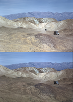 Film transparency of automobiles driving through Death Valley, California, circa 1940s