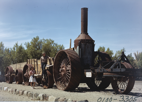 Film transparency of a steam engine previously used to haul borax in Death Valley, California, circa late 1940s to early 1950s