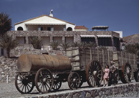 Film transparency of a wagon on display outside of Furnace Creek Inn, Death Valley, California, circa late 1940s to early 1950s