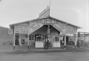 Film transparency of Big Blue service station, Baker, California, circa 1940s