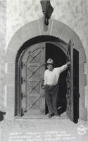 Postcard showing Walter Scott at Scotty's Castle, Death Valley, California, circa 1930s to 1950s