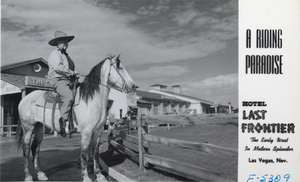 Postcard showing a man on a horse at the Hotel Last Frontier, Las Vegas, circa 1940s