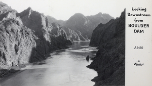 Postcard showing downstream water flow at Hoover Dam, circa late 1930s