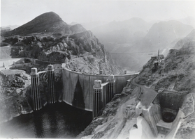 Photograph of the upstream face of Hoover Dam, circa late 1930s