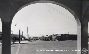 Postcard showing a street scene in Boulder City, Nevada, circa 1933-1955