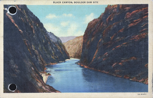 Postcard showing the construction site of Hoover Dam, Black Canyon, circa 1931