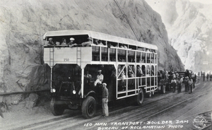 Postcard of transportation vehicle, Hoover Dam, circa 1931-1935
