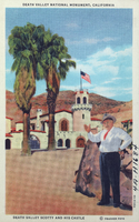 Postcard of Death Valley Scotty in front of his castle, Death Valley, circa 1920s