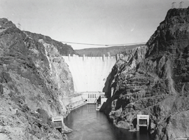 Photograph of the downstream face of Hoover Dam, circa late 1930s