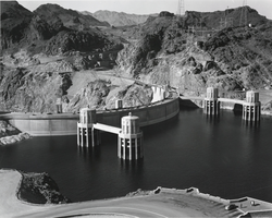Photograph showing intake towers of Hoover Dam, circa late 1930s