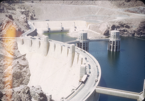 Slide of the top of Hoover Dam and intake towers, circa late 1930s