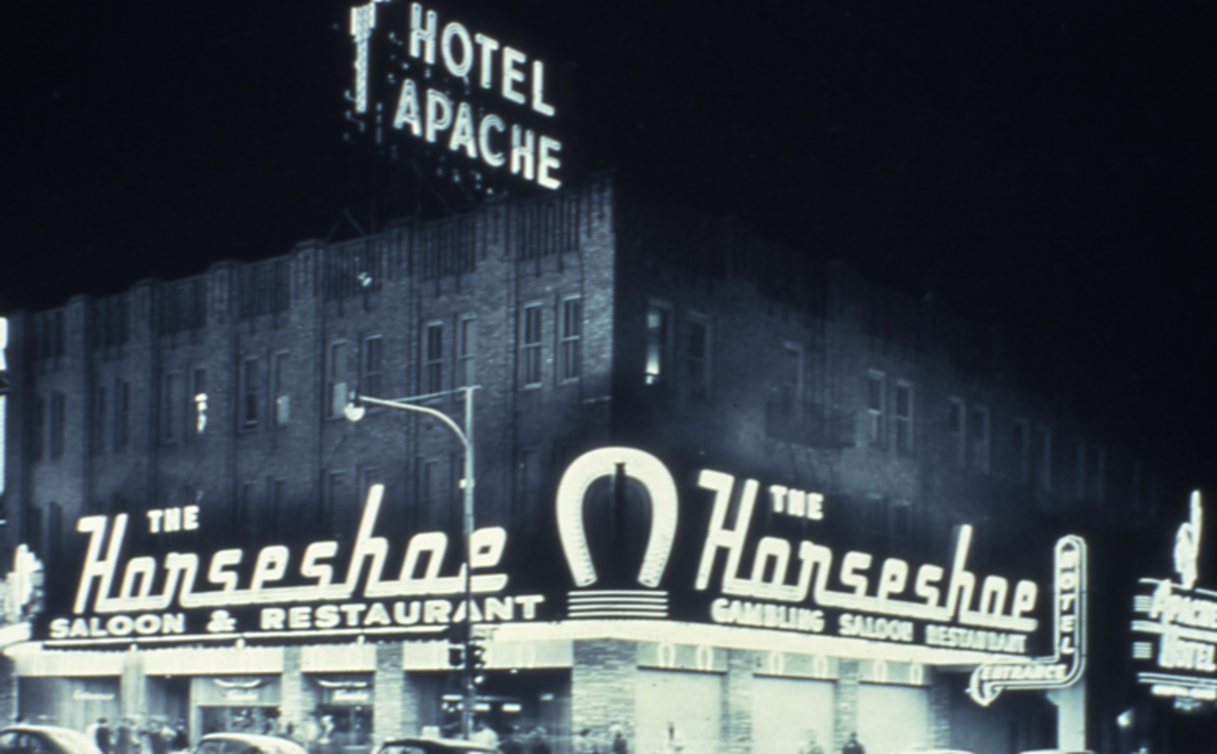 Slide of the Horseshoe Club's neon signs, Las Vegas, circa 1950s