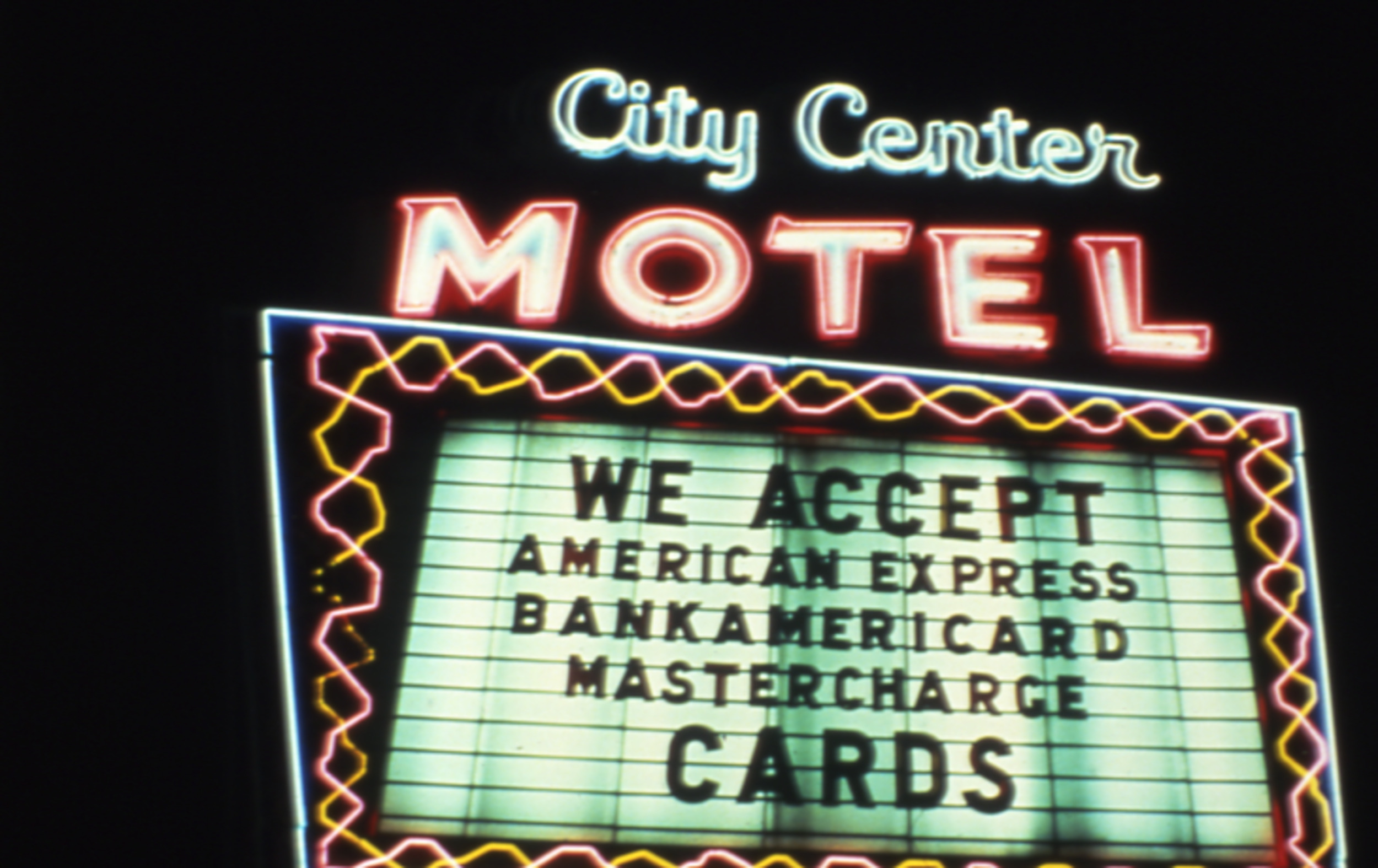 Slide of neon sign for the City Center Motel, Las Vegas, Nevada, 1986